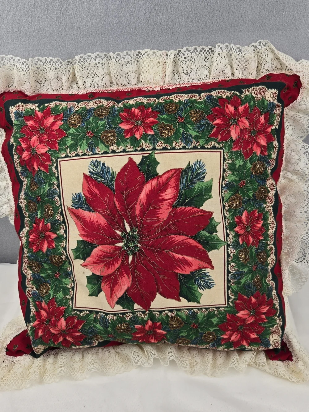 Holiday Poinsettia Decorative Throw Pillow - Red & Green